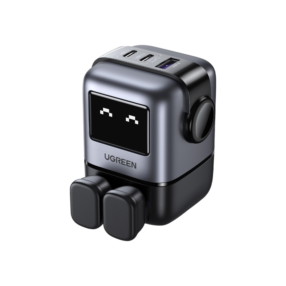  شاحن جداري يوجرين بتصميم روبوتي مع شاشة ليد ومنفذي تايب سي ومنفذ مايكرو - رمادي