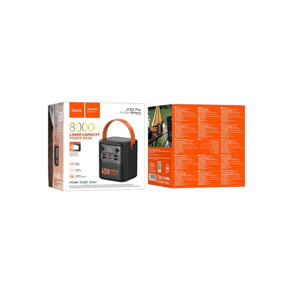 باور بانك هوكو بسعة 80000 مللي أمبير وقوة 65 وات موديل J152 Pro - أسود