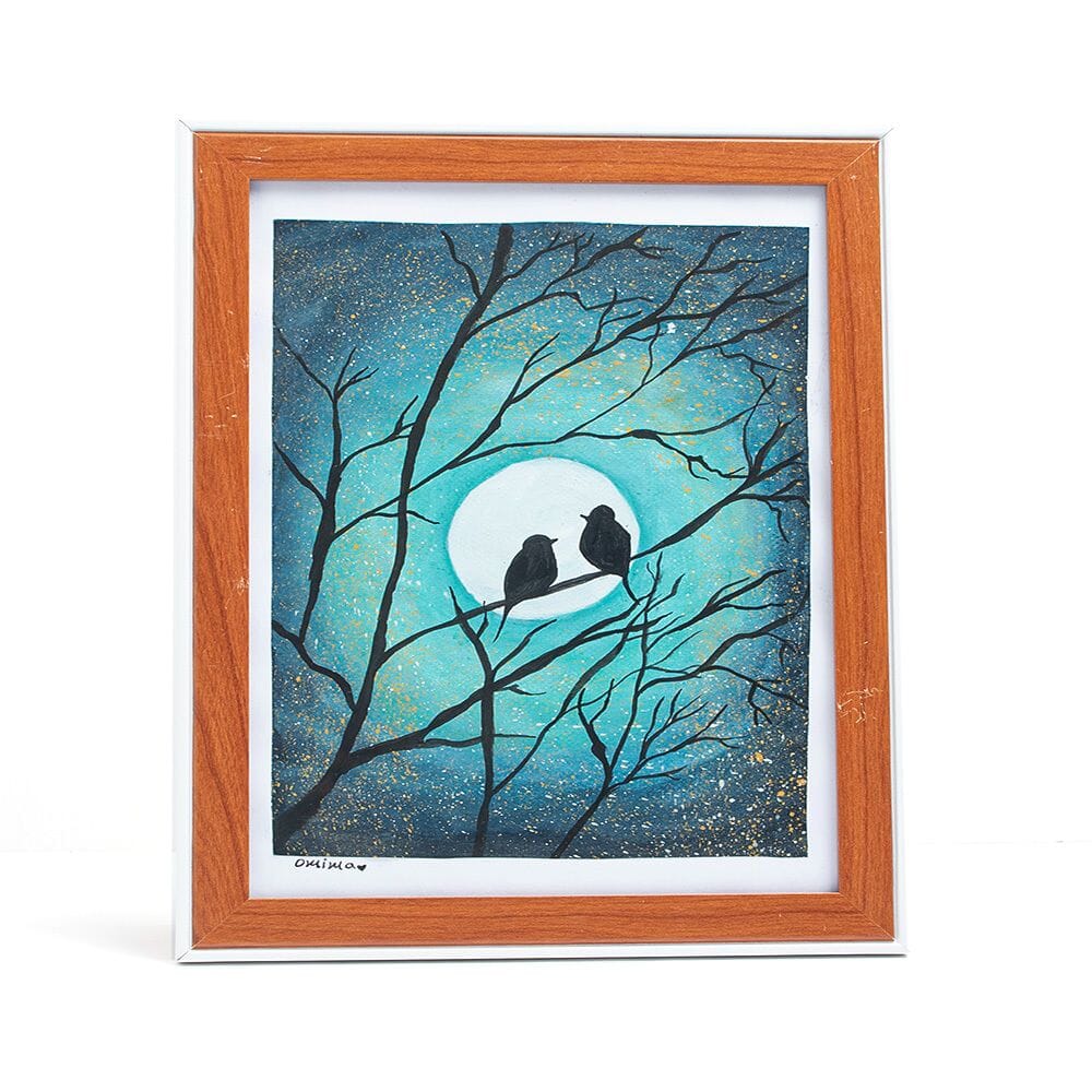 لوحة فنية ليلية بضوء القمر الأزرق رسم عصفورين بألوان مائية على ورق - مقاس A5