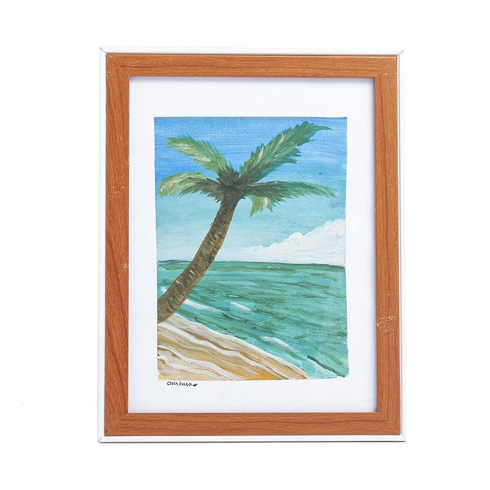 لوحة فنية صيفية رسم لشاطئ البحر و نخلة بألوان الجواش على ورق - مقاس A5