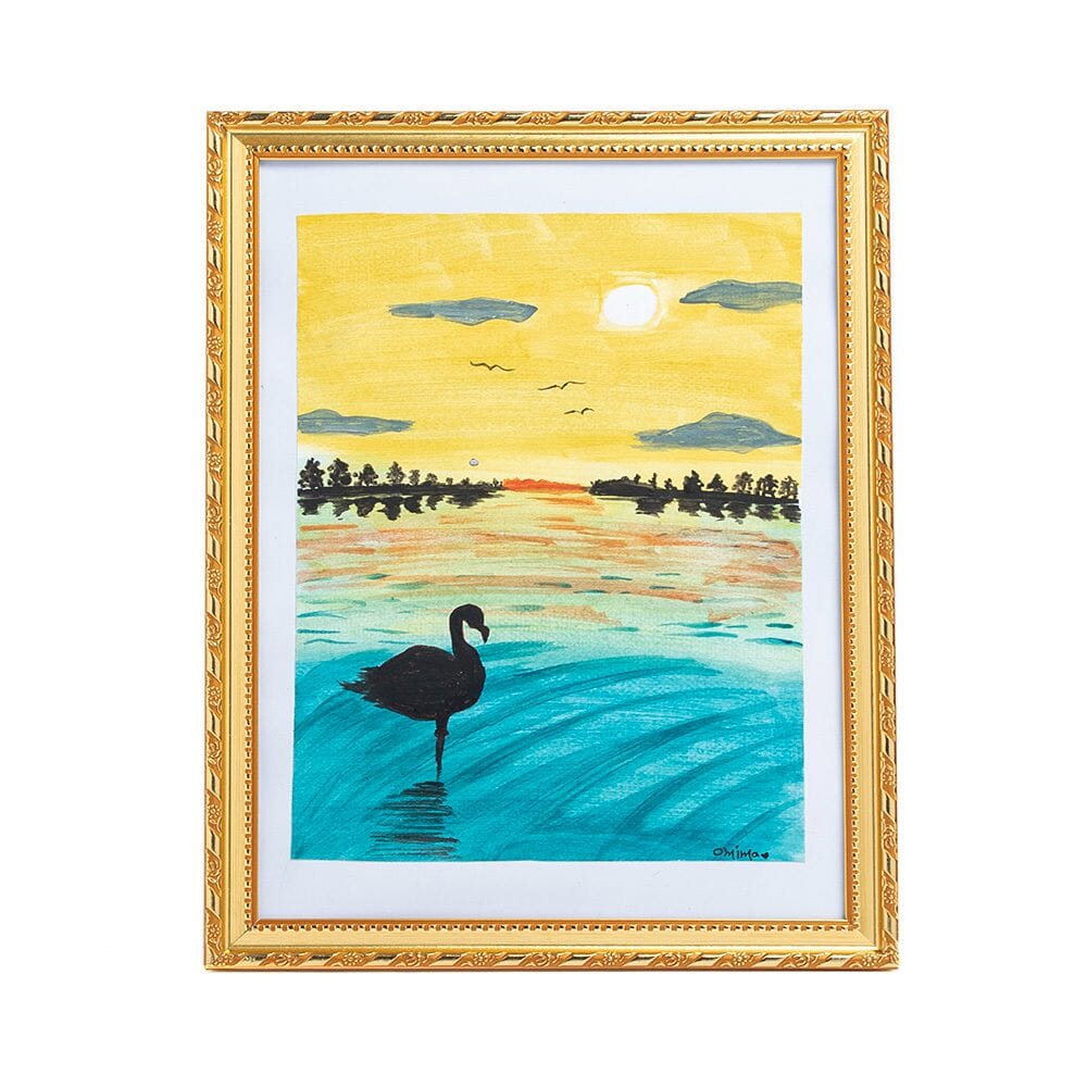 لوحة فنية نهارية لشاطئ البحر و طير الفلامينجو بألوان الإكريليك على ورق - مقاس A5