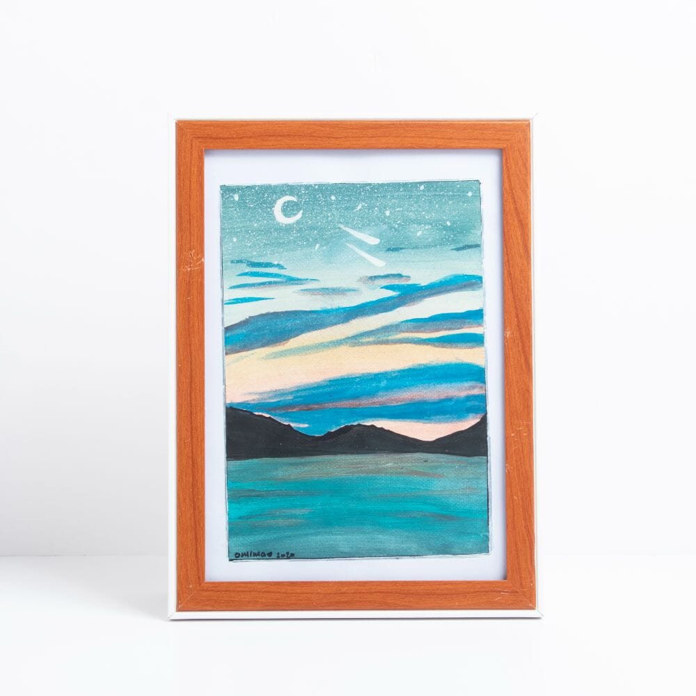 لوحة ليلية زرقاء بحر و قمر بألوان مائية على ورق - مقاس A5