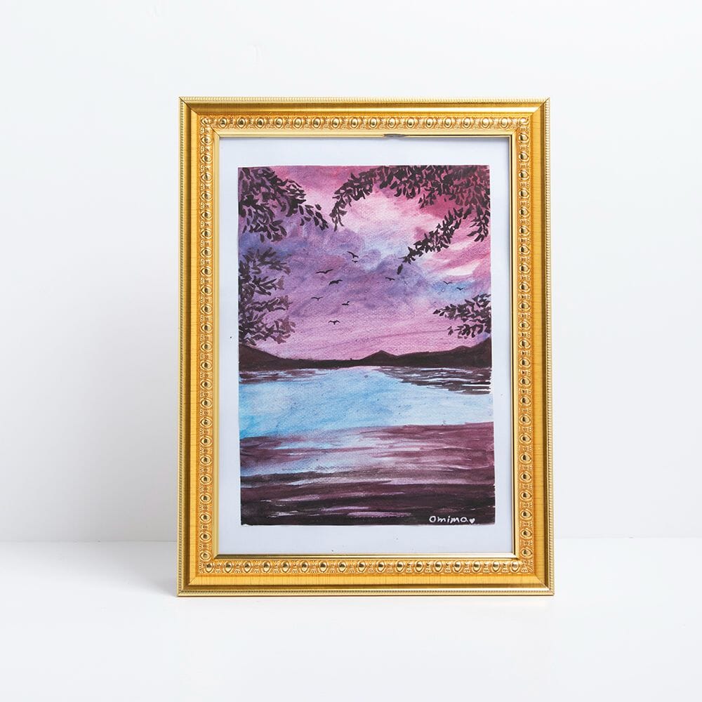 لوحة فنية تجمع بين البحر و السماء رسم بألوان مائية على ورق - مقاس A5