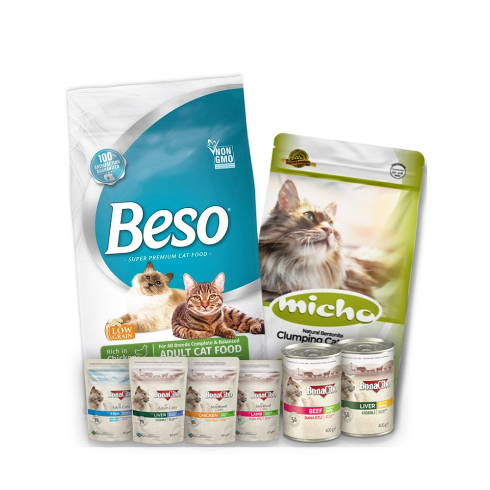 باكج للقطط البالغة رمل ميشو 7.5 كيلو + بيسو ادلت 2 كيلو+ بوناسيو 85 جرام عدد 4 اظرف + بوناسيبو 400 جرام 2 علب