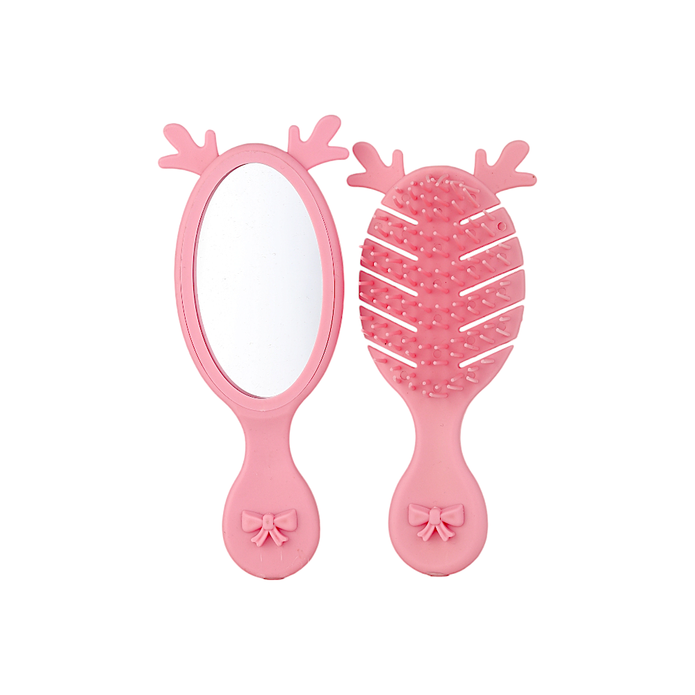 هادييل مجموعة مشط ومرآة من البلاستيك الوردي بتصميم غزال - وردي