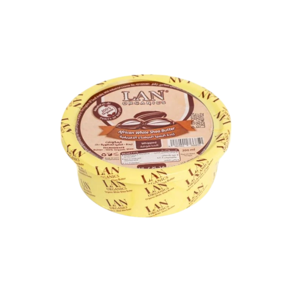 لان أورجانيك زبدة الشيا البيضاء الأفريقية المخفوقة لترطيب البشرة وتغذية الشعر- 200 مل