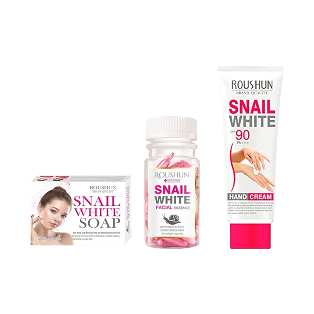 باكج روشان صابونة سنيل وايت تبييض البشرة 120 جم+سيروم الحلزون الأبيض لمكافحة التجاعيد 90 كبسولة+كريم الحلزون الأبيض المرطب لليدين 100 مل 