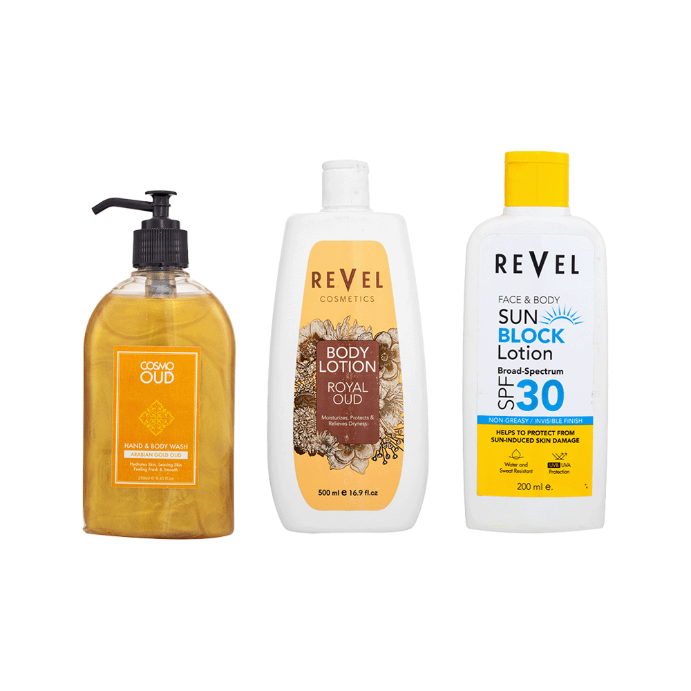 يتضمن الباكج ريفيل لوشن واقي شمس للوجه و الجسم 200 مل+لوشن معطر مرطب للجسم 500 مل+كوزمو غسول اليدين و الجسم 250 مل 