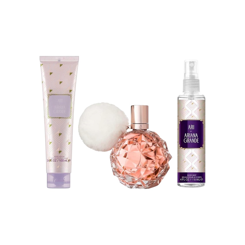 أريانا غراندي طقم عطر آري أو دو بارفان للنساء - 100 مل + معطر جسم 118 مل + لوشن جسم 100 مل