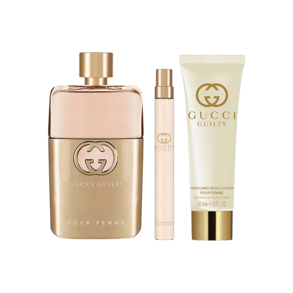 غوتشي طقم عطر غيلتي بور فيم أو دو بارفان للنساء - 90 مل + 10 مل + لوشن جسم 50 مل