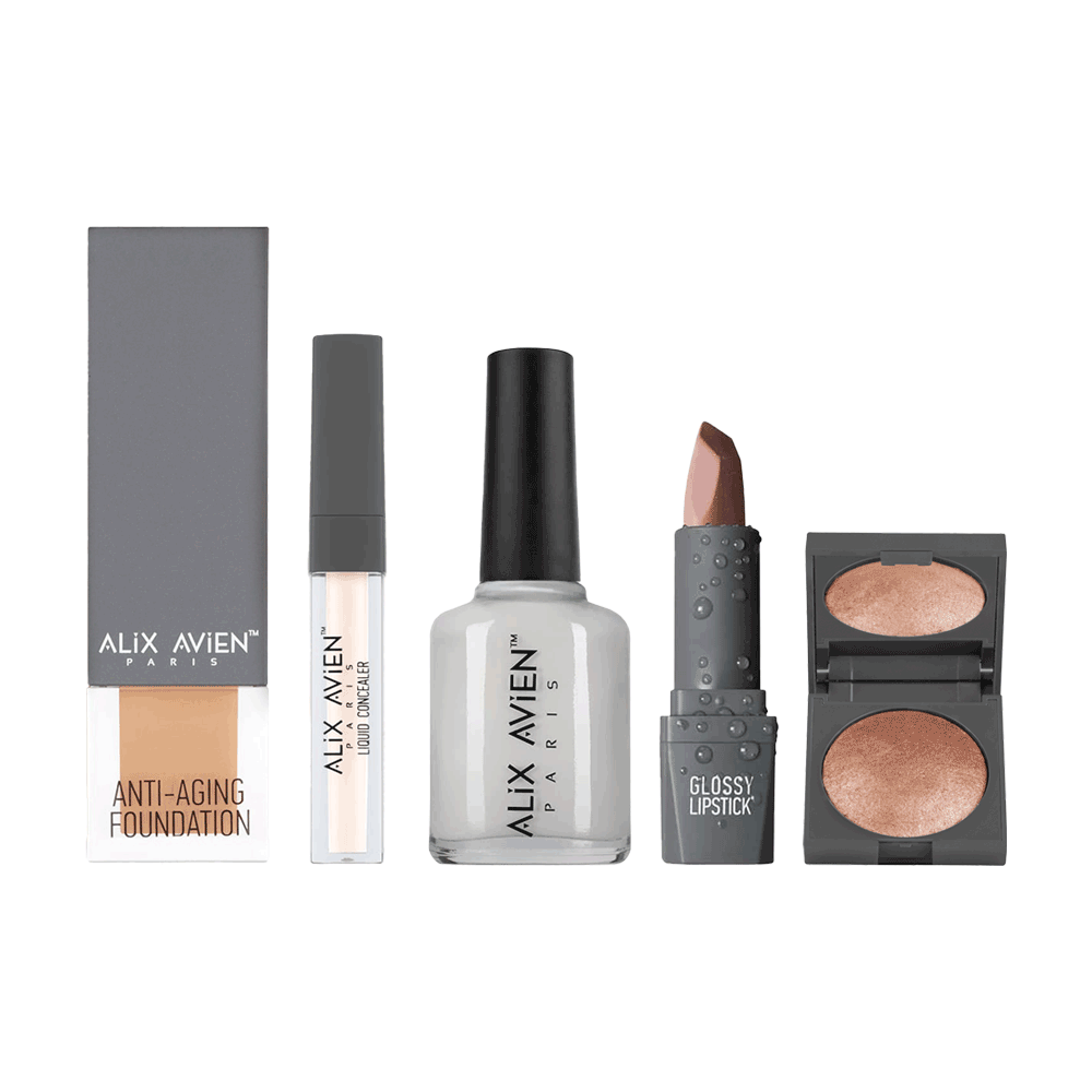 مجموعة كريم أساس ضد الشيخوخة 505AF خوخي 35 مل + كونسيلر سائل 102 وردي 3 مل + هايلايتر 03 + طلاء أظافر 02 + أحمر شفاه 305 لامع  - 5 قطع