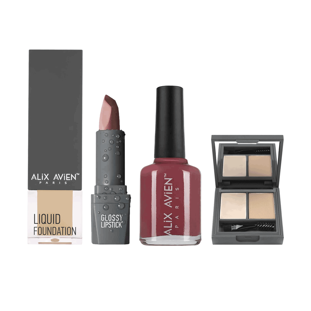 مجموعة كريم أساس 301LF + باليت تحديد وتثبيت الحواجب 701 +  طلاء أظافر  02 + أحمر شفاه 305 بالمشمش - 3 قطع