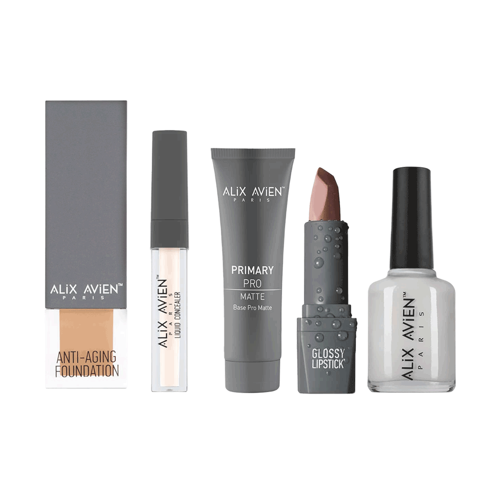 مجموعة البشرة المثالية برايمر مطفي 30 مل + كريم أساس 301LF عاجي 35 مل + كونسيلر سائل 102 + أحمر شفاه 305 لماع + طلاء أظافر 0 - 5 قطع