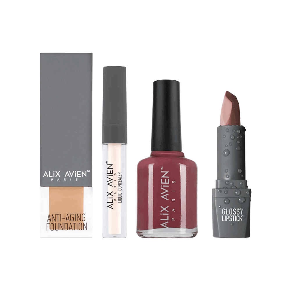 مجموعة كريم أساس مضاد للشيخوخة 35 مل + كونسيلر 102 وردي + قلم عيون سموكي  + أحمر شفاه 305 وردي + طلاء أظافر 02 - 5 قطع