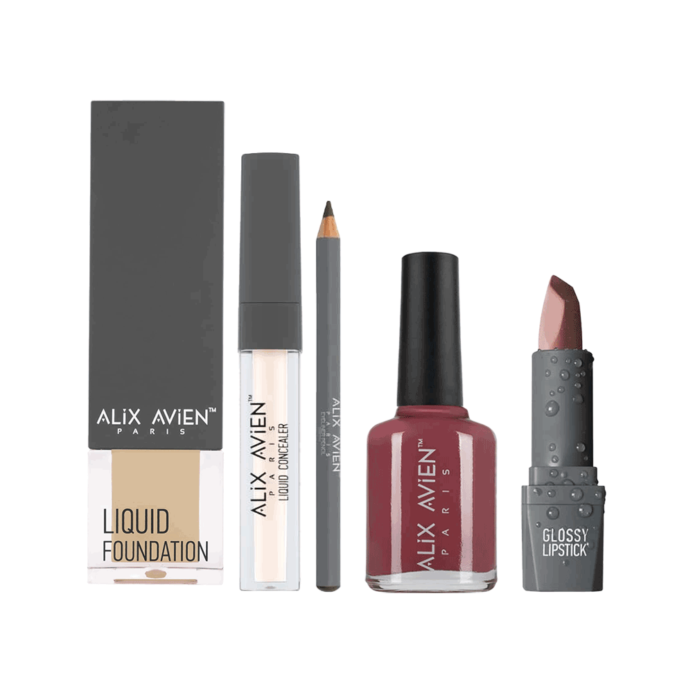 مجموعة مكياج الوجه والعيون كريم أساس 35 مل + كونسيلر 3 مل رقم 102 + أحمر شفاه بالمشمش + قلم كحل عيون + طلاء أظافر 0  - 5 قطع