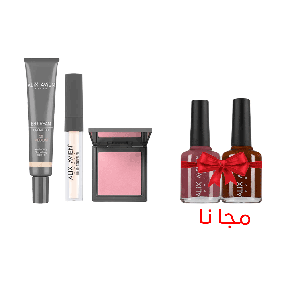 باكج أليكس أفين من كريم بي بي و كونسيلر سائل و بلاشر بودرة مع طلاء أظافر كهدية مجانية