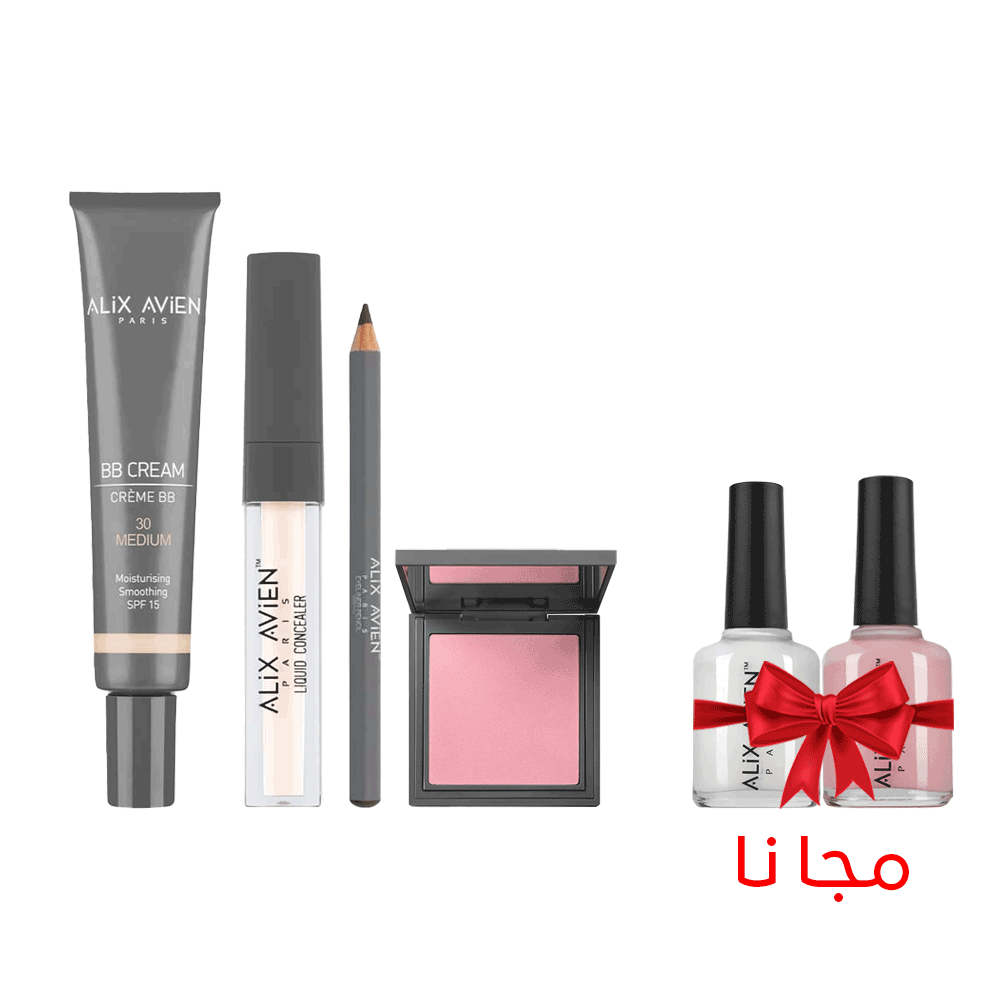 باكج أليكس أفين من كريم بي بي و كونسيلر سائل و بلاشر بودرة و قلم آيلاينر خشبي مع طلاء أظافر كهدية مجانية