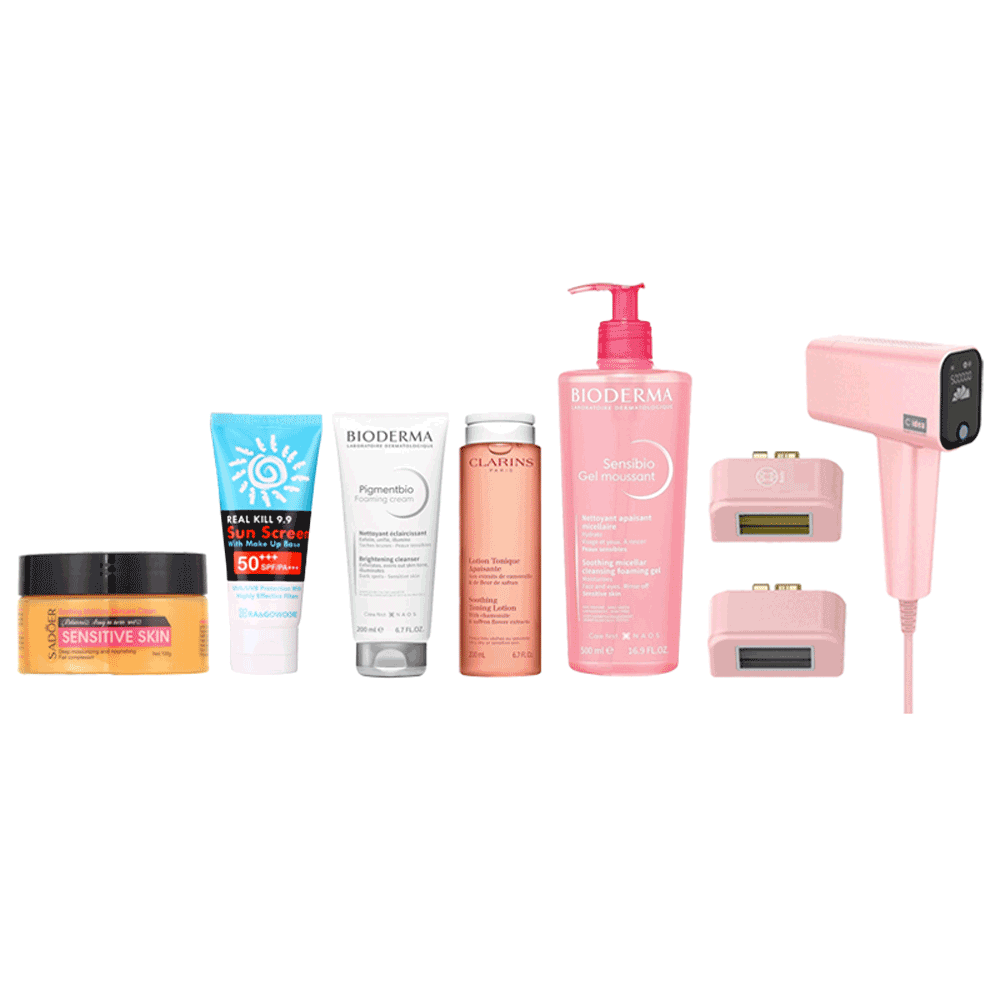 باكج جهاز ليزر ملاي T16 مع مجموعة العناية قبل وبعد الليزر للبشرة الحساسة – 8 قطع