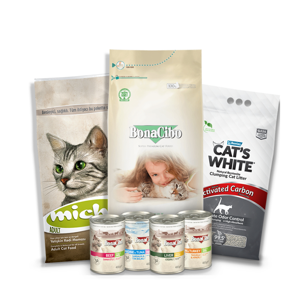 باكج للقطط البالغة رمل كاتس وايت 10لتر +بوناسيبو ادلت 2 كيلو + ميشو ادلت 1.5 كيلو + بوناسيبو 400 جرام 4 علب