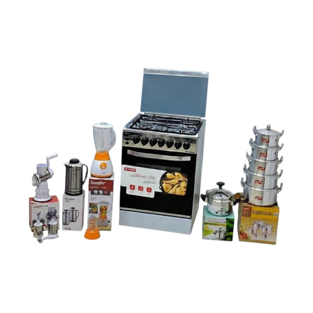 مجموعة المطبخ المتنوعة من طباخ غاز (بوتجاز) + طقم قدور 5 حبات ستانلس ستيل + ضغاط + خلاط + ثلاجة شاي ستيل  + قراشة خضار هوائية