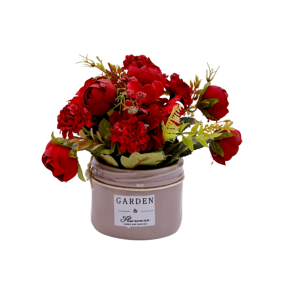 زينة ورد صناعي بقاعدة سيراميك مدورة مزين بربطة خيط