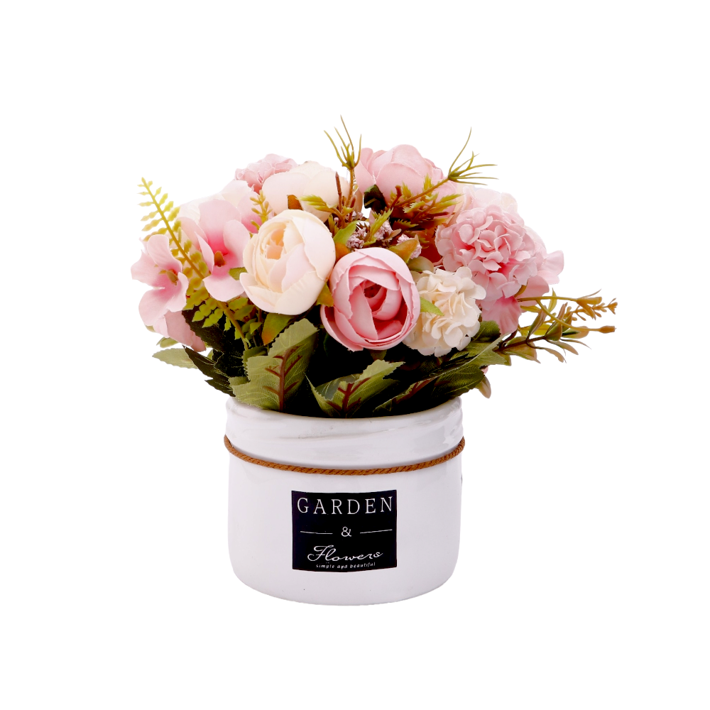 زينة ورد صناعي بقاعدة سيراميك مدورة مزين بربطة خيط