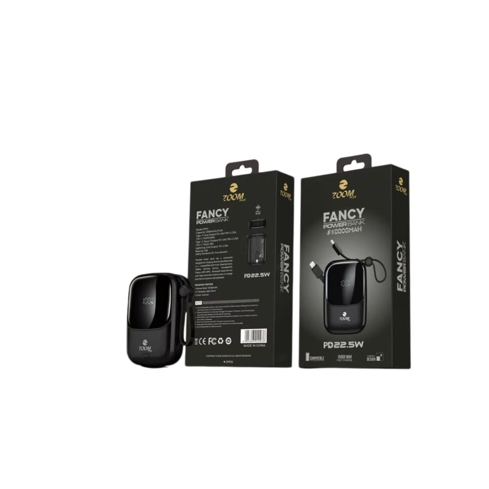 خازن طاقة من زووم بلس ZP33 فاخر 10000 مللي أمبير، شحن سريع 22.5 وات، شاشة رقمية، توصيلتين مدمجين، لون أسود