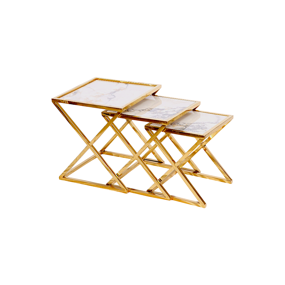 طقم طاولات تقديم استيل مربع بسطع رخامي و أقدام ذهبية - 3 قطع