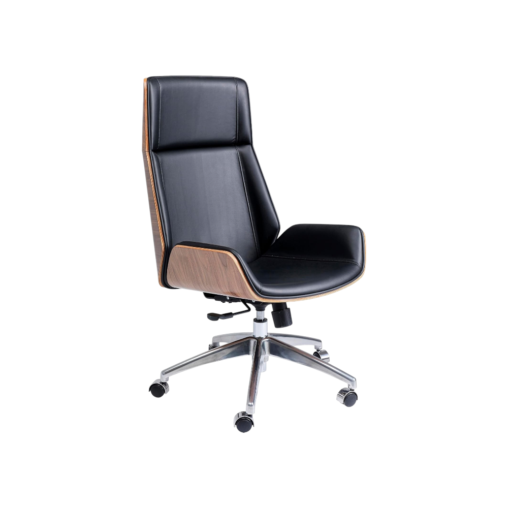 كرسي مكتب جلدي مريح دوار قابل للتعديل مع لمسة خشبية - أسود