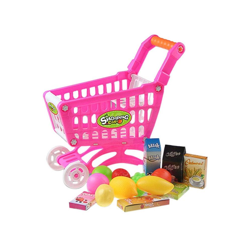  لعبة عربة تسوق صغيرة مع ملحقات سوبر ماركت مقاس 16×33×33 سم - وردي 
