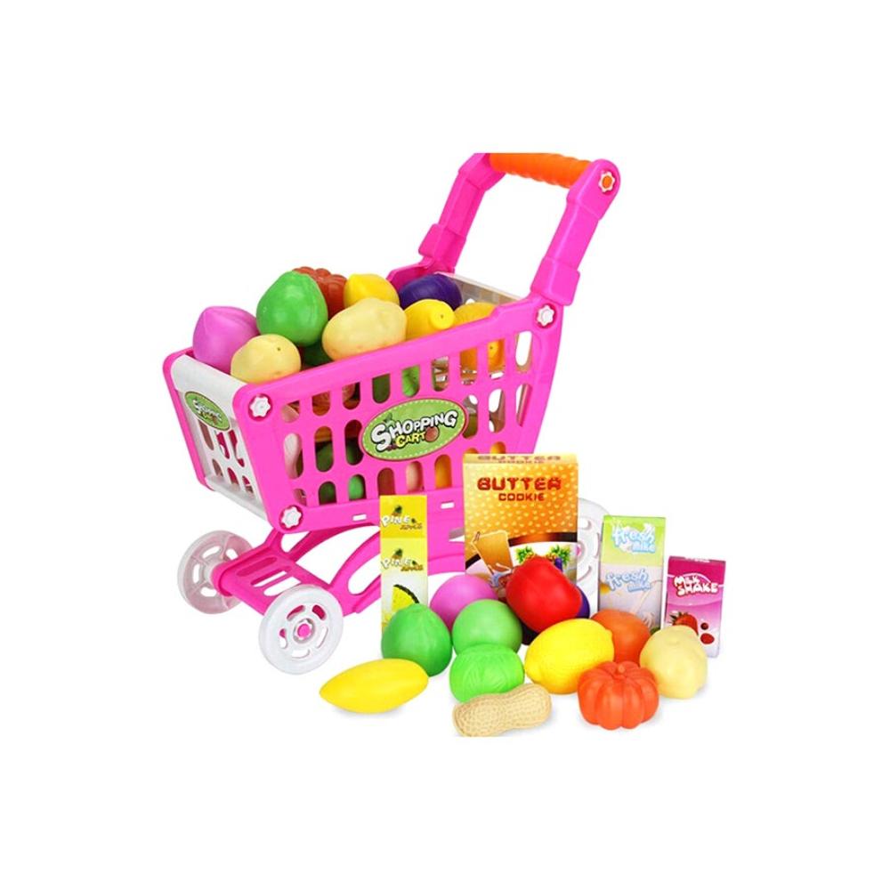  لعبة عربة تسوق صغيرة مع ملحقات سوبر ماركت مقاس 16×33×33 سم - وردي 