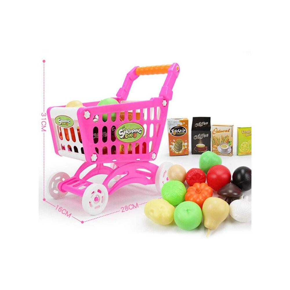  لعبة عربة تسوق صغيرة مع ملحقات سوبر ماركت مقاس 16×33×33 سم - وردي 