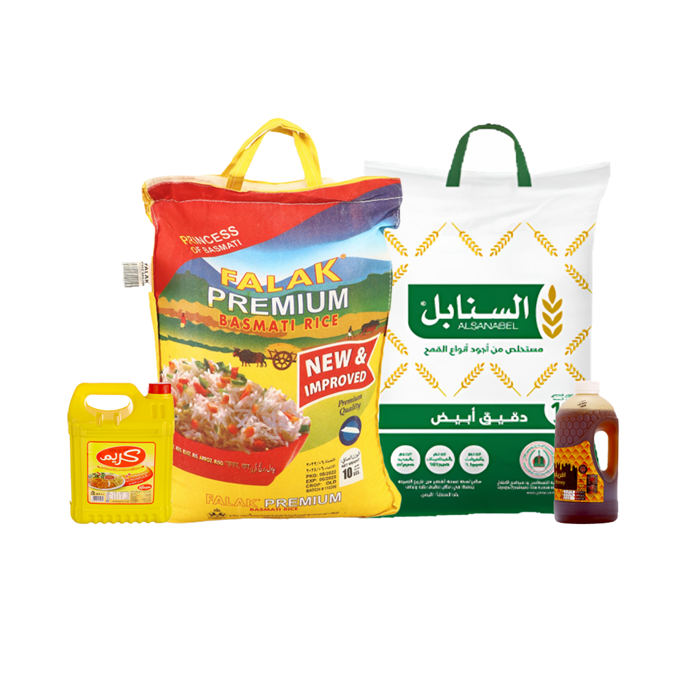 باكج أرز بسمتي فلك 10 كجم + زيت نباتي كريم 4 لتر + دبة عسل افريقيا بعبوة 700 جم + دقيق السنابل أبيض 10 كيلو