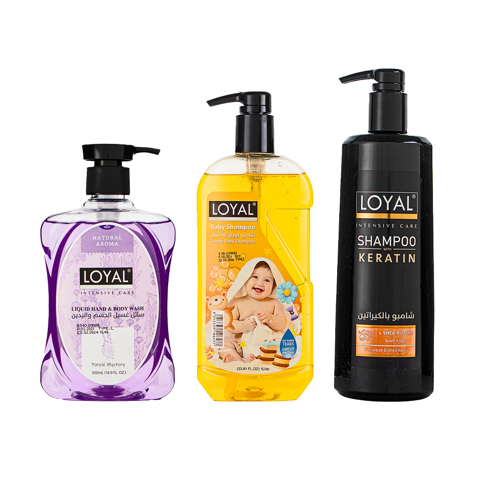 باكج لويال سائل غسيل الجسم و اليدين 500 مل + شامبو بالكيراتين و زبدة الشيا 800 مل + شامبو أطفال 1 لتر