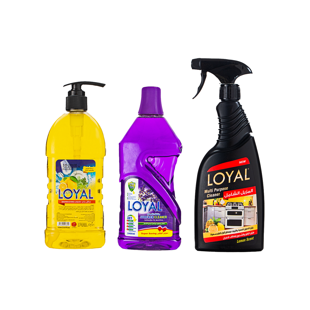 باكج لويال المزيل الشامل 750 مل + سائل غسيل الصحون 1 لتر + منظف الأسطح متعدد الإستخدامات 2400 مل