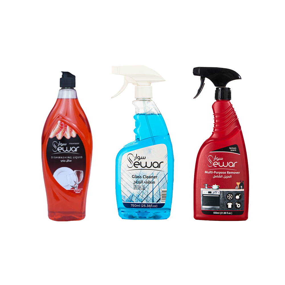 باكج سوار سائل جلي الصحون بالفراولة - 900 مل + المزيل الشامل برائحة الليمون - 650 مل + منظف و ملمع الزجاج - 750 مل