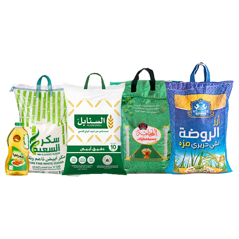 باكج أرز الفخامة بسمتي 5 كيلو+ سكر السعيد أبيض 10 كيلو +دقيق السنابل أبيض 10 كيلو + زيت العربي 2.9 لتر + أرز الروضة مزة 5 كجم 