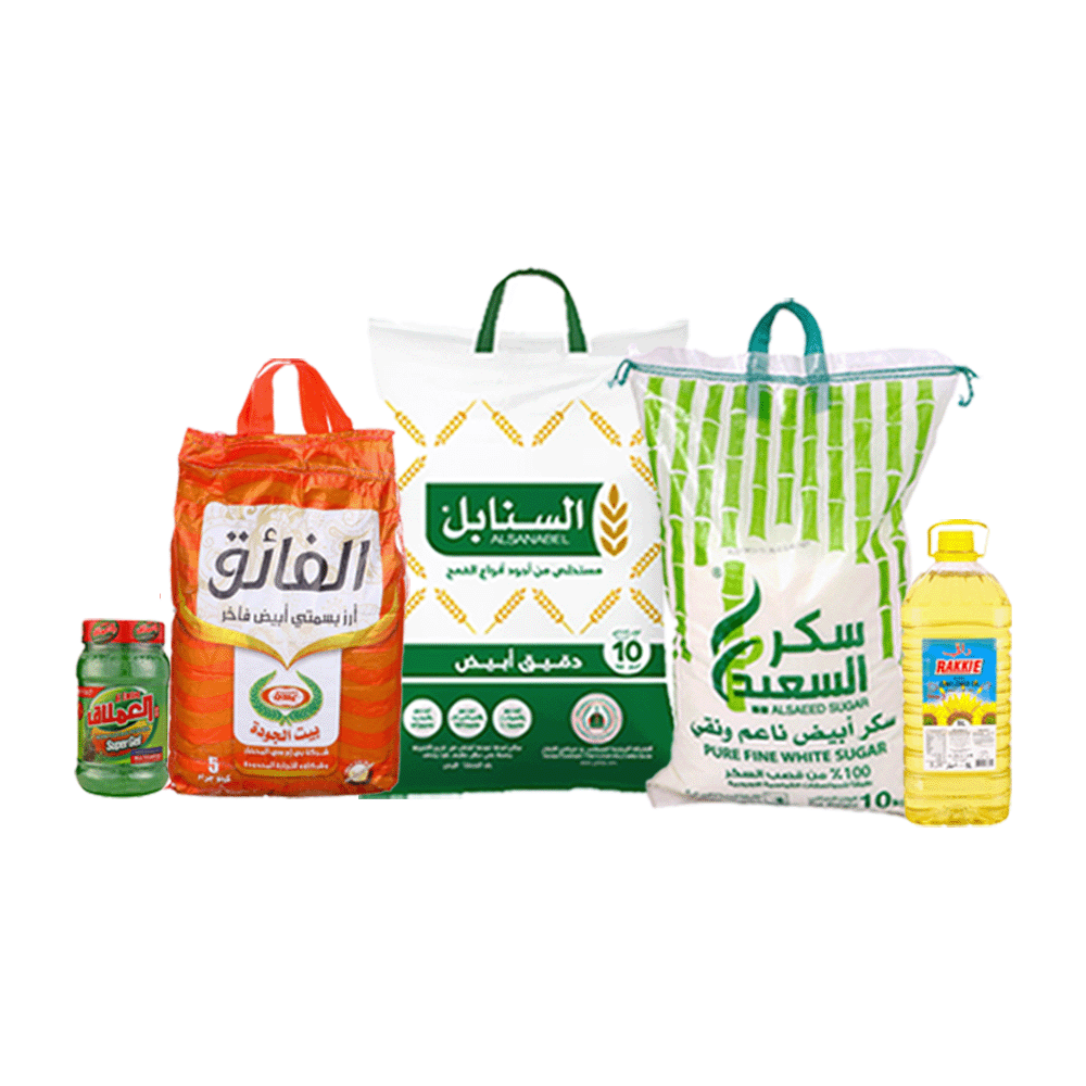باكج أرز الفائق بسمتي أبيض 5 كجم + زيت دوار الشمس راقي 5 لتر + سكر السعيد 10 كجم + دقيق السنابل أبيض 10 كجم + سوبر جل منظف العملاق 1000 جم 