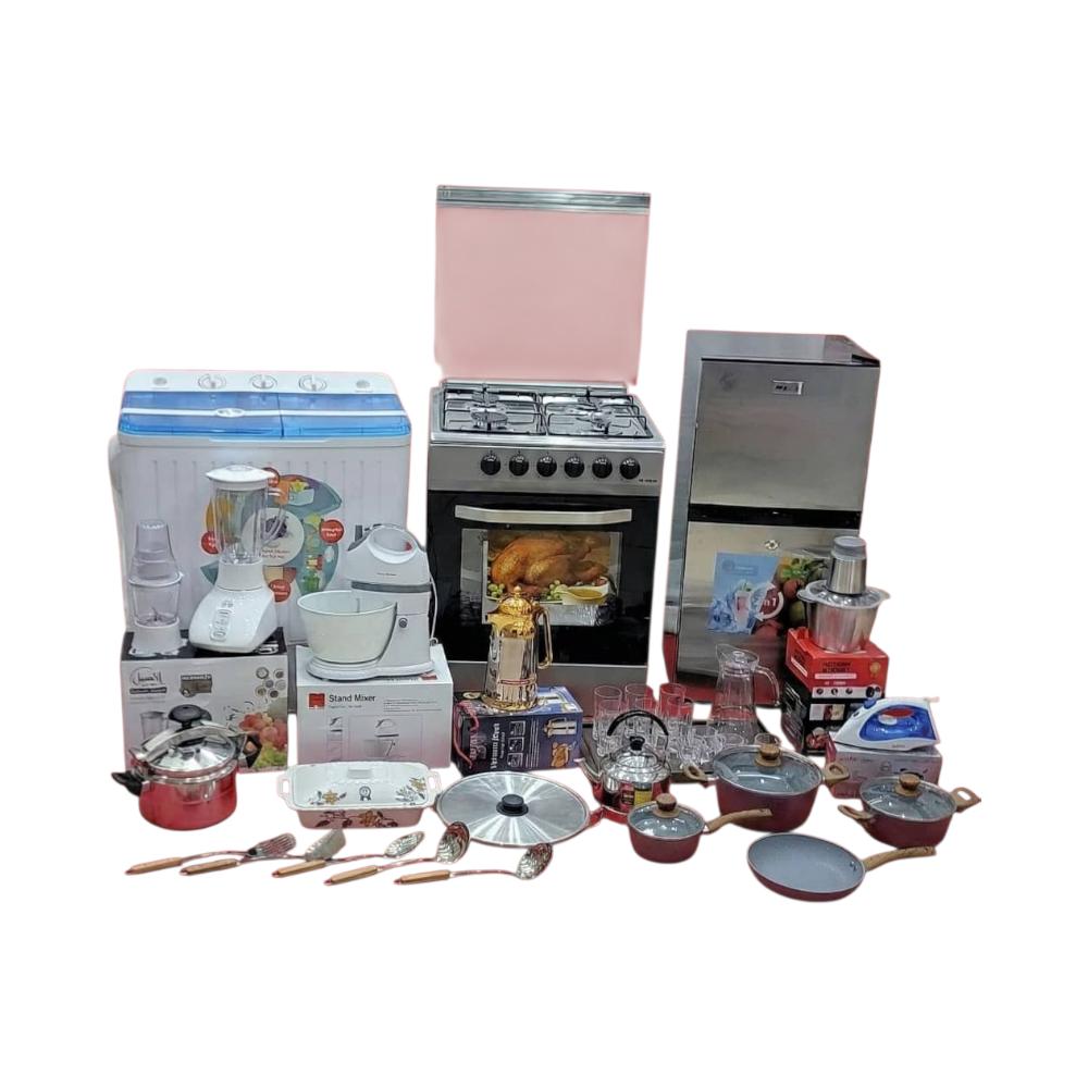 مجموعة المطبخ المتنوعة من طباخ غاز (بوتجاز) 4 عيون + ثلاجة  + غسالة + طقم قدور جرانيت + قدر قلاية + خلاط + فرامة  + صحن تقديم + 6 اكواب عصير + جاك عصير + كتلي شاي + 6 اكواب شاي + طقم معالق كبير + ضغاط + ثلاجة شاي  + كاوية + صحن حراري + خلاط بيض