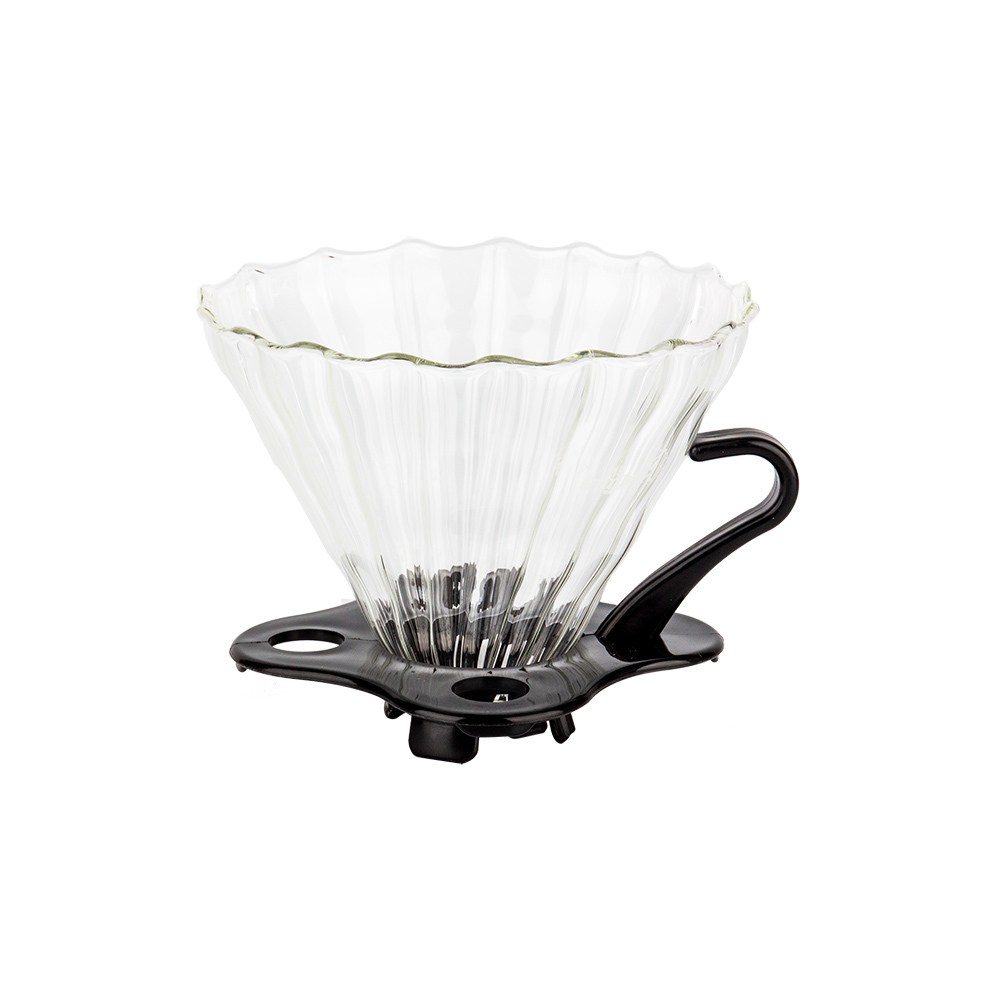 قمع تقطير زجاجي v60 بقاعدة بلاستيكية و مقبض بلاستيك حجم 02