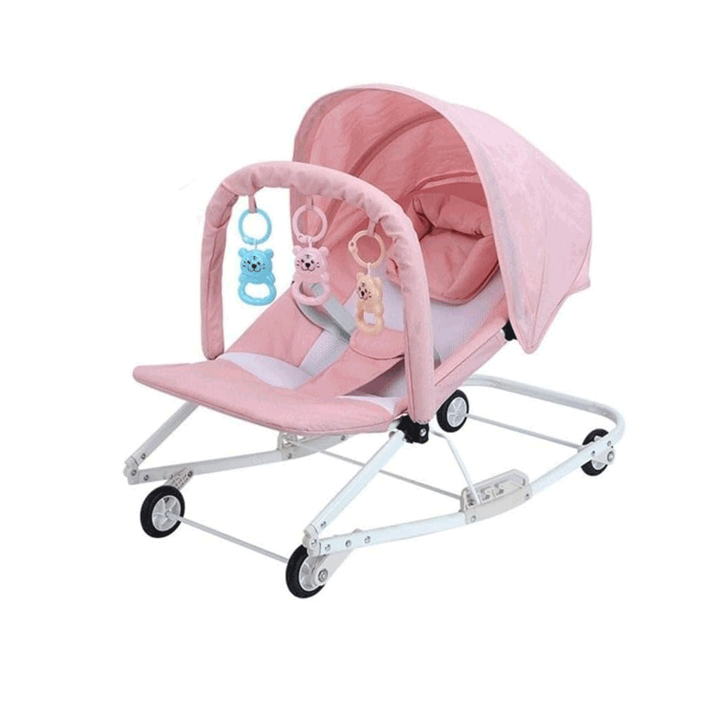 كرسي أطفال هزاز قابل للتعديل مع قوس ألعاب قابل للإزالة - زهري