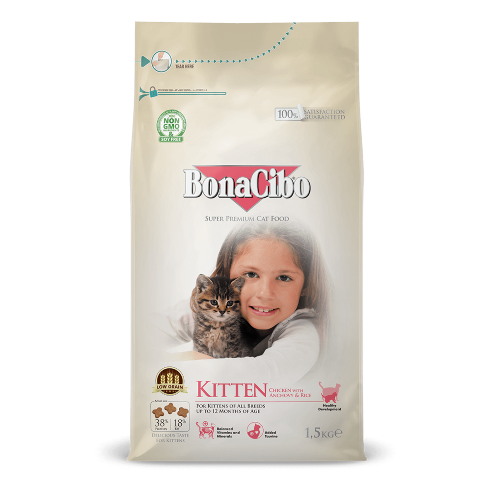 طعام القطط الجاف بونا سيبو بنكهة الدجاج والأرز وسمك الانشوجة للقطط الصغيرة 1.5 كيلو