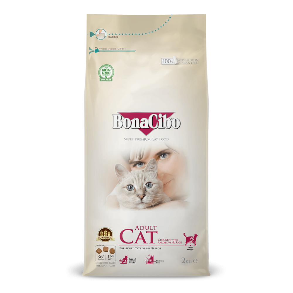طعام القطط الجاف بونا سيبو بنكهة الدجاج والأرز وسمك الانشوجة للقطط البالغة 2 كيلو
