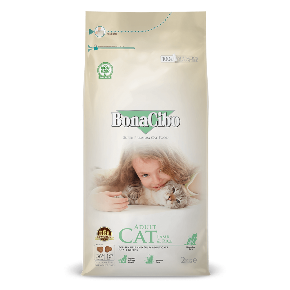 طعام القطط الجاف بونا سيبو بنكهة اللحم والأرز للقطط البالغة 2 كيلو