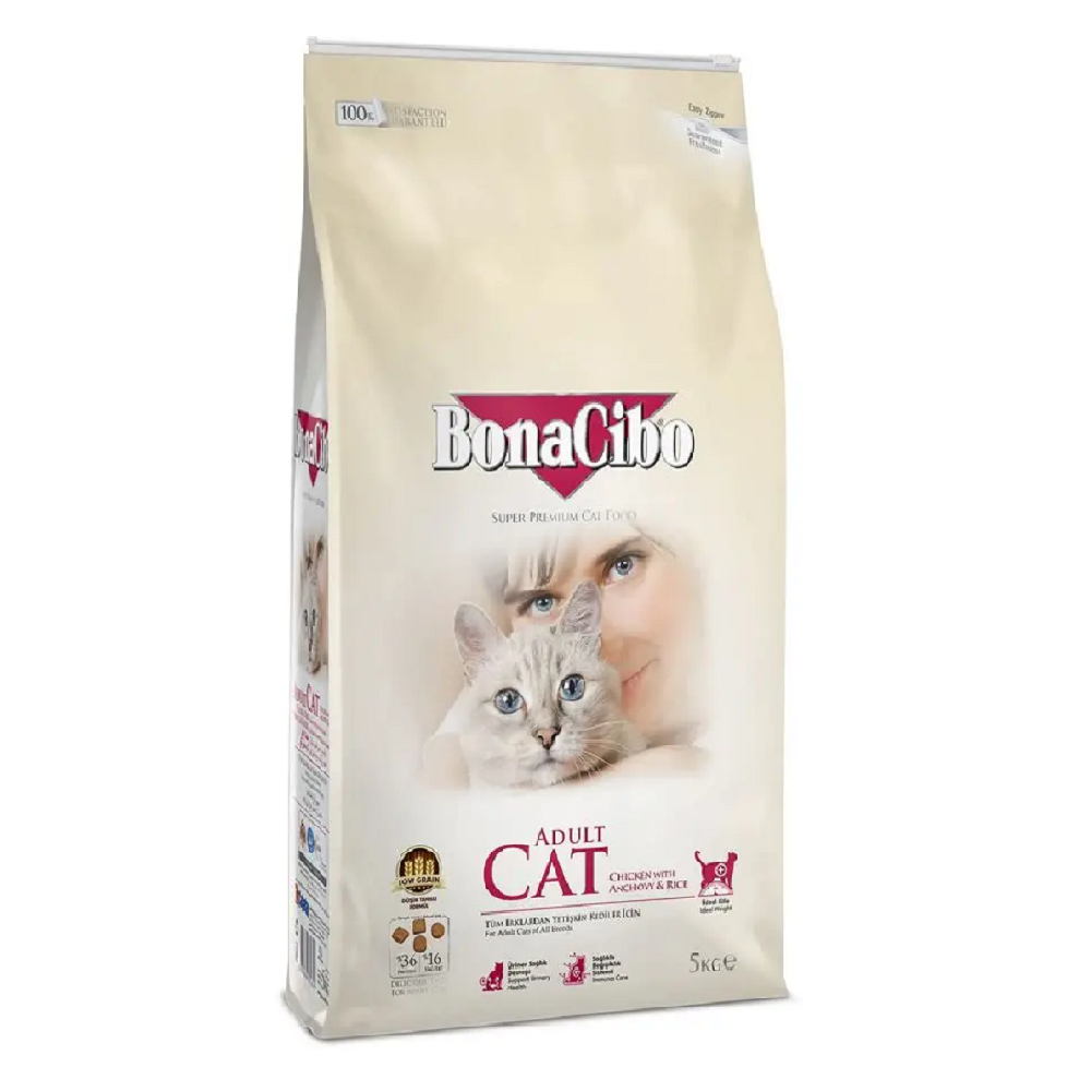 طعام القطط الجاف بونا سيبو بنكهة الدجاج والأرز وسمك الانشوجة للقطط البالغة 5 كيلو