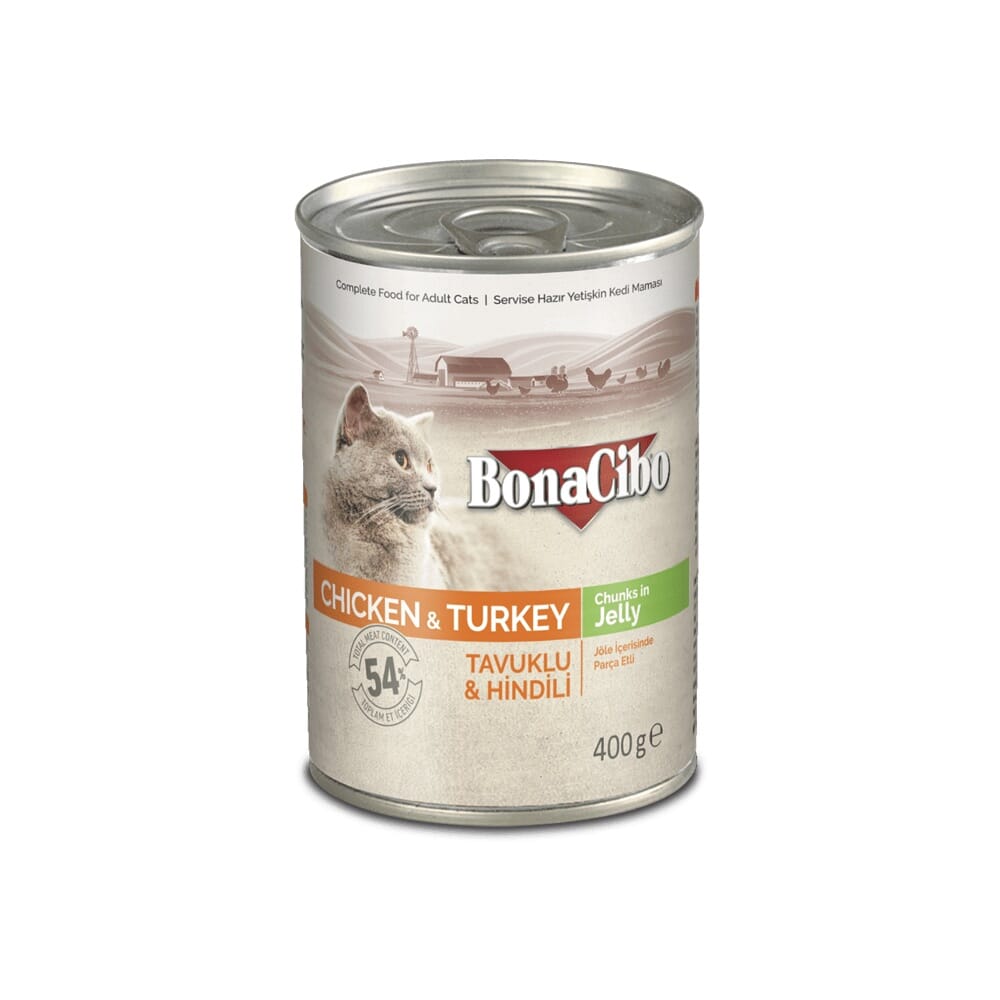 معلبات بونا سيبو بنكهة الدجاج و الديك الرومي للقطط البالغة 400 جرام