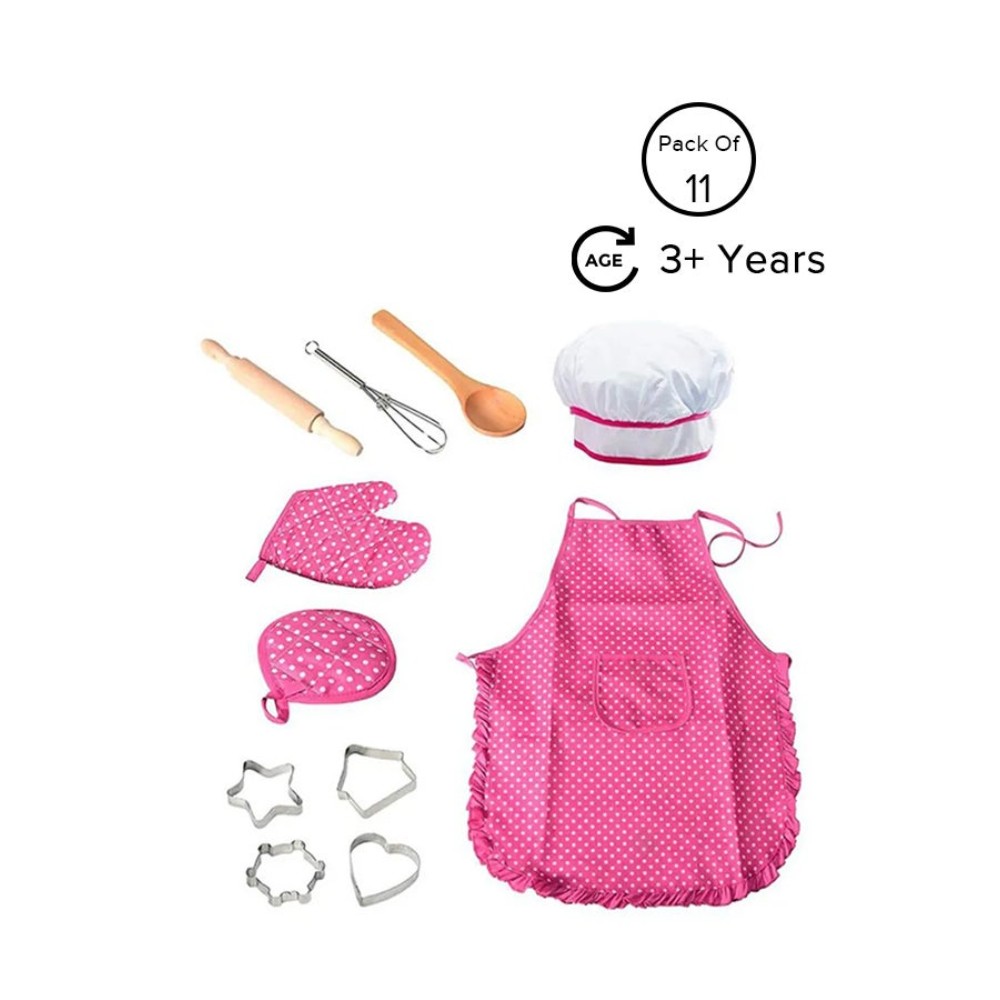 مجموعة لعب طبخ للأطفال بتصميم منقط - 11 قطعة - مع مريلة وقبعة - 40x38x2 سم
