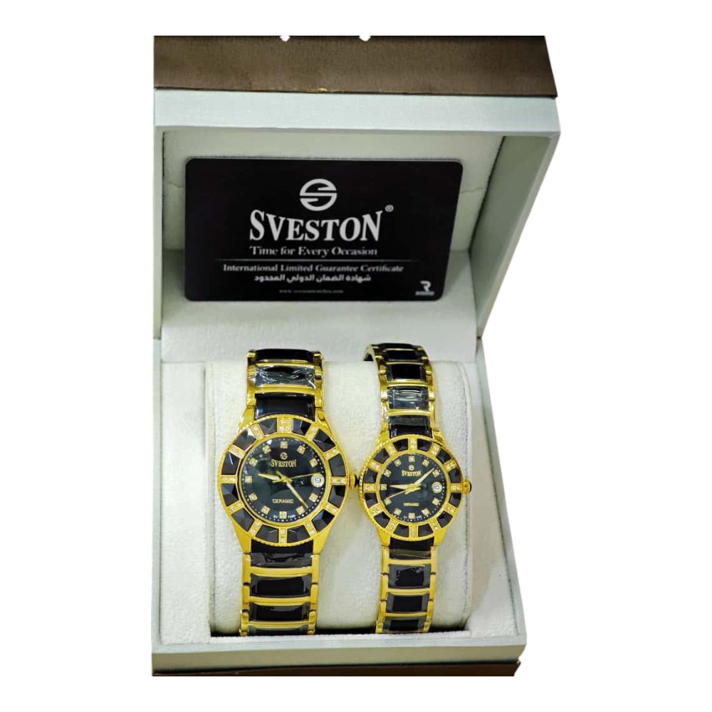 ساعة ماركة سفيستون أزواج سيراميك استيل- ذهبي وأسود