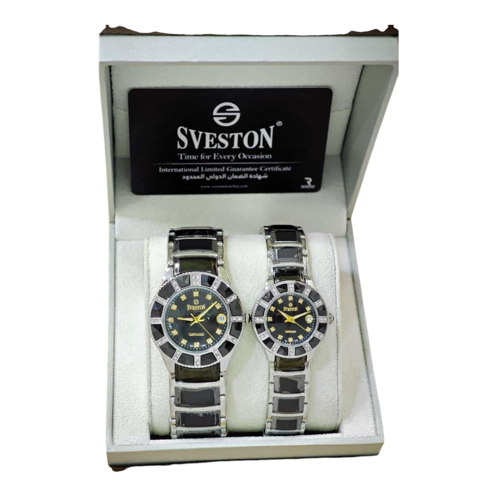 ساعات ازواج ماركة سفيستون سيراميك استيل - أسود وعقارب ذهبي