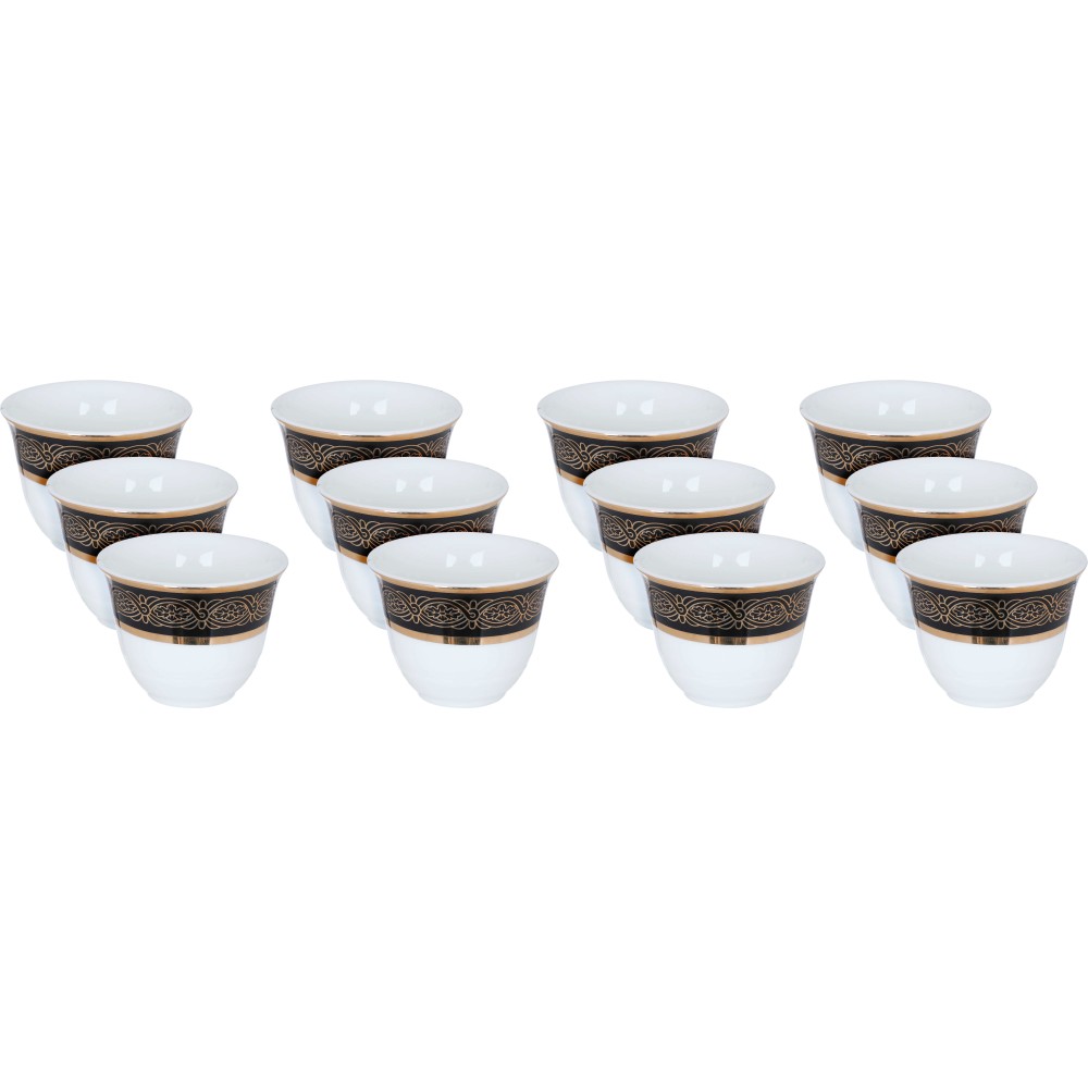 طقم فناجين قهوة عربي بورسلان السيف غاليري، منقوش بخط ذهبي، 12 قطعة - أبيض